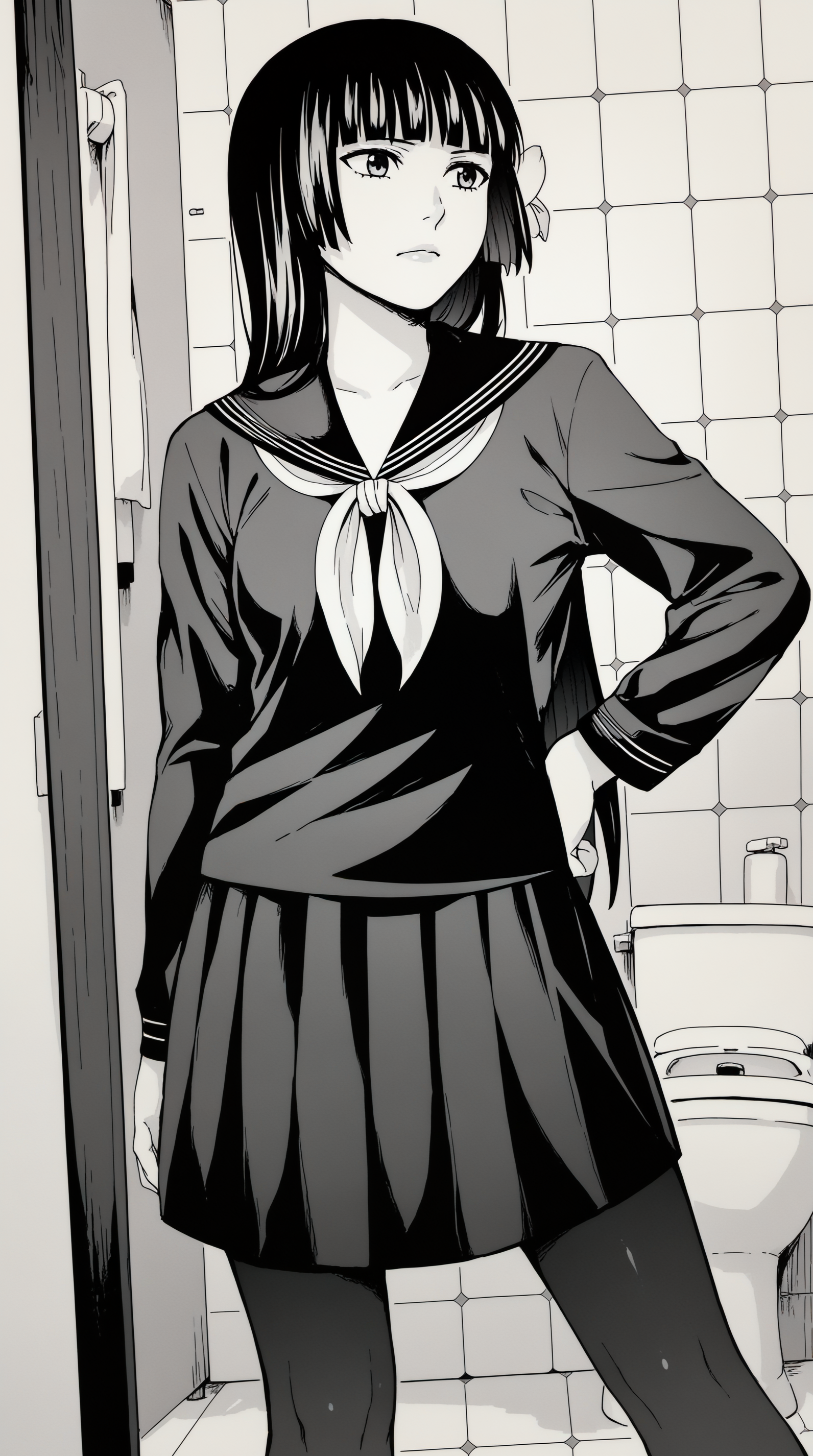 score_9, score_8_up, score_7_up, best background, detailed background, 4k, upscale, greyscale, monochrome,  Shirogane Yuriko, Main Outfit, solo, hand on own hip, indoors, toilet, restroom, mirror,  <lora:JN_Shirogane_Yuriko_Pony:0.8>