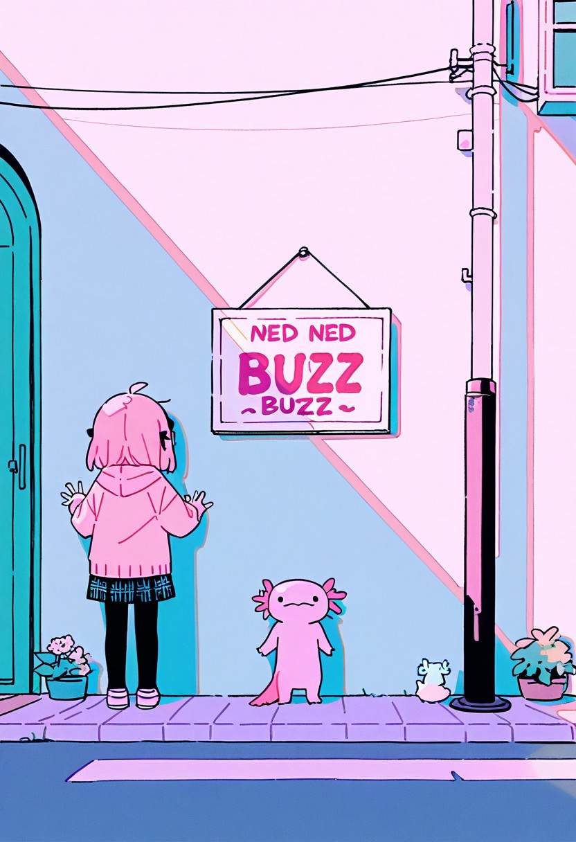 masterpiece, best quality, Axolotl family, cute, very cute, street, against a wall, holding a sign with text: "Need Buzz", pastel theme, kawaii, high detail