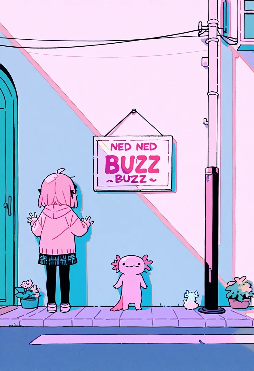 masterpiece, best quality, Axolotl family, cute, very cute, street, against a wall, holding a sign with text: "Need Buzz", pastel theme, kawaii, high detail