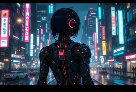 A digital artwork in the style of cknc, aidmaMJ6.1, extreme long shot of a cybernetic woman, woman herself in the middle of the composition and her back is turned, night time, cyberpunk city which nature took hold in the background, extremely detailed