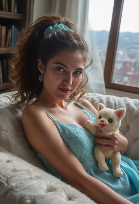 masterpiece, best quality, absurdres, photo, realistic, extremely detailed, real life photo, detailed background, MyRosita2, A sensual, dreamy portrait of a confident woman lounging on a plush velvet couch, bathed in soft golden light from a nearby window. Her eyes are half-lidded, giving her an air of mystique and charm. Sheas dressed in a delicate lace nightgown, with her gorgeous long curly dark brown hair, front pony haircut, ponytail, cascading over her shoulders. The soft, dreamlike atmosphere evokes a sense of intimacy and allure, capturing her in a moment of complete relaxation and confidence. The room around her is cozy, with a warm, inviting glow, highlighting the subtle beauty in the scene