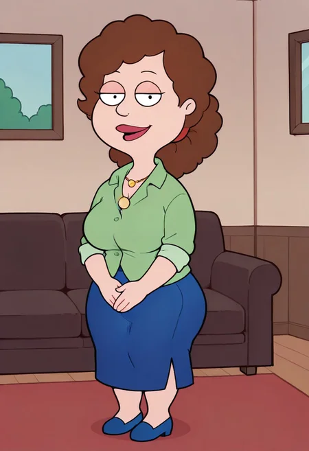 score_9, score_8_up, score_7_up, score_6_up, high quality, rounded eyes, style parody, cartoon style, 1girl, solo, living room, couch, indoors,
BREAK
unnamed girl, brown hair, black eyes, (mature female:1.5), (plump:1.2), large breasts, gigantic ass, gigantic hips, green sweater, rolled up sleeves, blue skirt, navy blue shoes, own hand together, smile, looking at viewer, long skirt, half-closed eyes, necklace,