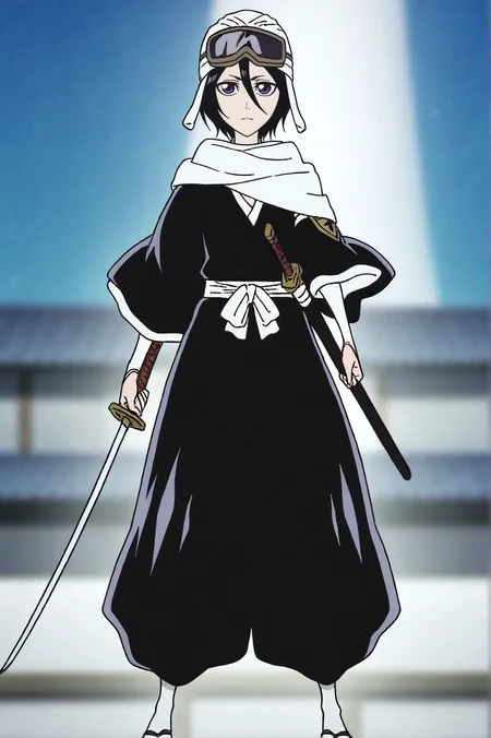 masterpiece, best quality, anime screencap, year 2023, Kuchiki Rukia, Shinigami Outfit, blurry, blurry background, goggles, goggles on head, goggles on headwear, holding, holding sword, holding weapon, katana, looking at viewer, solo, sword, turban, weapon, full body, <lora:JN_Kuchiki_Rukia_TYBW_Illus:0.8>