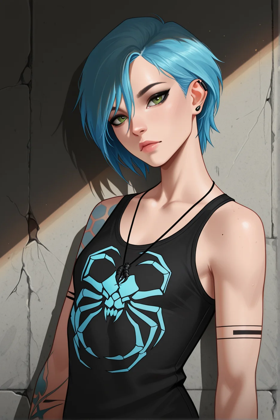 masterpiece,best quality,amazing quality,newest, absurdres, highres, detailed eyes, beautiful, perfect eyes, finely detailed face, very aesthetic, <lora:Zoe_Summers:1> 1girl, zoesummers, blue hair, short hair, green eyes, black eyeliner, tattoo, scorpion necklace, tattoo, arm tattoo, earrings, slim, small breasts,
large black tank top,
head and shoulders, close up, dynamic pose, half-closed eyelid, tilt head, looking at viewer,
concrete wal, scratch on wall, side view,, light depth, dramatic atmospheric lighting, Volumetric Lighting