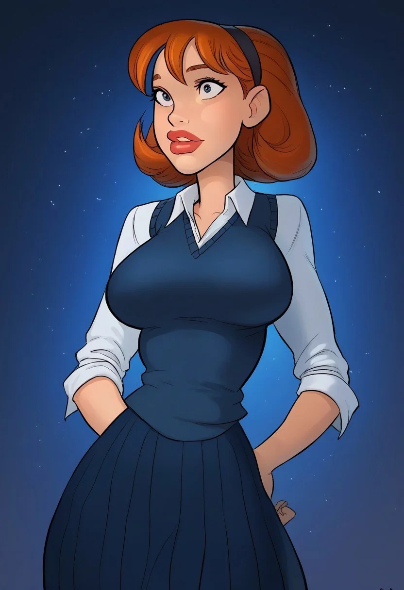 masterpiece,best quality, highly detailed, score_9, score_8_up, score_7_up, score_6_up,source_cartoon, sharona, 1girl, hairband, big breasts, solo, lips, red hair, thick lips, 1girl, 20yo, 1girl, large breasts, sexy face, young face, beautyful face,very aesthetic, masterpiece, best quality, highres, perfect lighting, detailed, sharona, 1girl, hairband, breasts, solo, lips, school uniform,sweater vest,skirt (light particles:1.1), partially illuminated,
