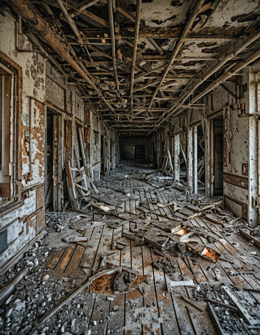 <lora:City_Worlds_02_Lost_Indusinc:1> photo, cw02lost, indoors, charred, peeling paint, decayed, abandoned, corridor, scorched, rust, decay, destruction, wooden floor, debris, fire damage, rot, dark interior, distressed, ruined, grunge, eerie, forgotten, structure, mess, industrial