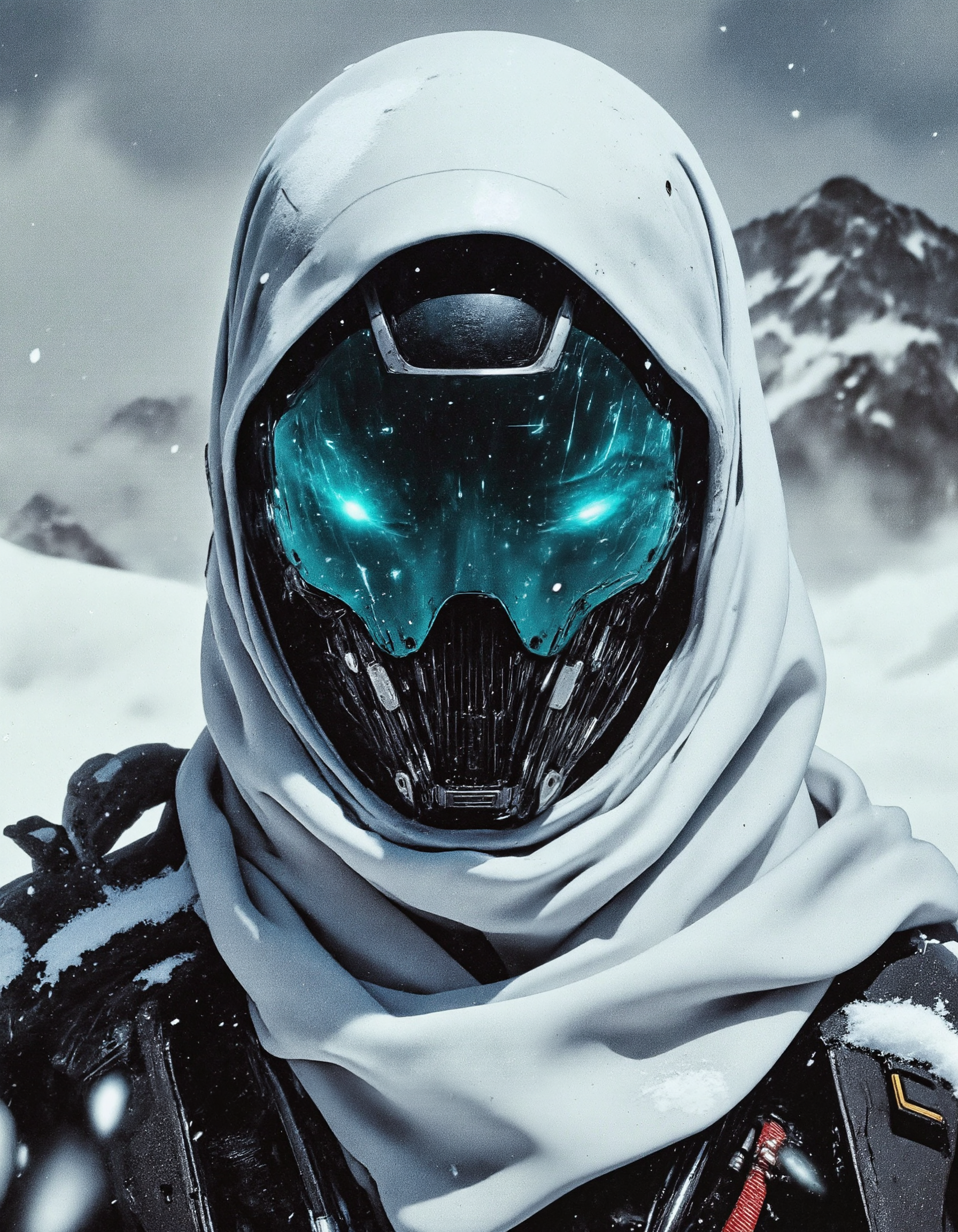 a snow covered cyborg soldier with a full face visor that is glowing teal wearing a white scarf, on a mountain, windy blizzard