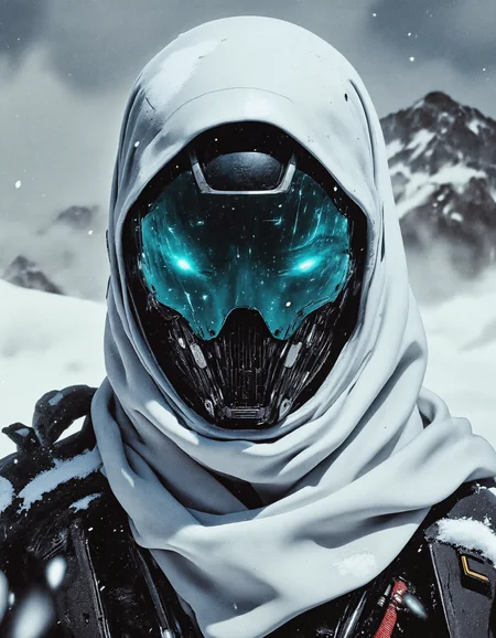 a snow covered cyborg soldier with a full face visor that is glowing teal wearing a white scarf, on a mountain, windy blizzard