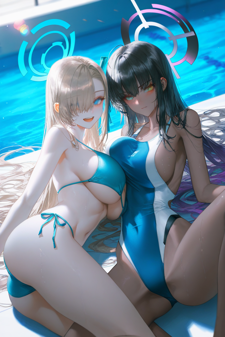 depth of field,light particles,lens flare,(artist:quasarcake:0.8),extreme aesthetic,(wlop:0.6),wanke,rella,wanke,masterpiece,best quality,good quality,newest,year 2024,year 2023,very aesthetic,absurdres,Visual impact,Electromotive force,perspective composition,A shot with tension,ultra-high resolution,32K UHD,sharp focus,best quality,masterpiece,Emotionalization masterpiece,unconventional supreme,masterful details,with a high end texture,in the style of fashion photography,(Visual impact:1.2),giving the poster a dynamic and visually striking appearance,impactful picture,offcial art,colorful,splash of color,movie perspective,masterpiece,best quality,amazing quality,very aesthetic,absurdres,best quality,newest,masterpiece,best quality,good quality,
(deep skin, skindentation), depth of field, high quality, (dynamic pose, dynamic angle:1.25), highres, curvy, wide hips, breasts, multiple girls, 2girls, karin (blue archive), asuna (blue archive), swimsuit, dark-skinned female, dark skin, halo, alternate costume, bikini, blue eyes, medium breasts, long hair, ass, blue bikini, underboob, yellow eyes, looking at viewer, breast press, one-piece swimsuit, navel, open mouth, sideboob, spread legs, thighs, blue one-piece swimsuit, black hair, smile, very long hair, stomach, light brown hair, outdoors, pool, blonde hair, side-tie bikini bottom, blush, hair over one eye, competition swimsuit, asymmetrical docking, huge breasts, sweat,