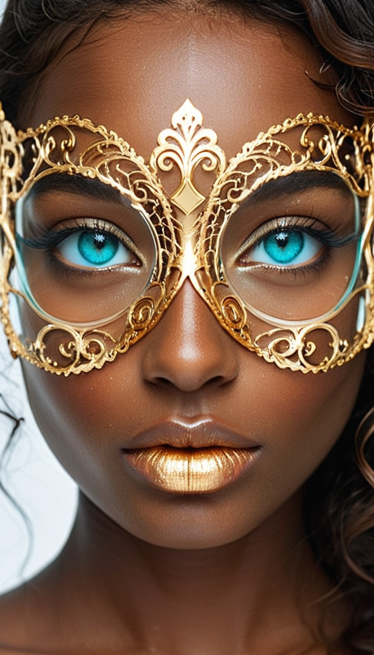 Close-up gorgeous girl face , cute, dark skin, bang, freckles, striking turquoise large eyes, aligned eyes, mirror eyes,
BREAK,
(wearing transparent Venetian Mask with intricate very detailed gold filigree), (thin detailed gold filigree), curly hair,
long lashes, trendy portrait,
tender Aesthetic nose, Aesthetic chin, ears, puffy lips, sensual lips, detailed texture, detailed eyes, detailed skin, clean skin,
<lora:Someplastic:1>, (ultra sharp focus:1.8), (detailed skin:1.8), (thin lines:1.8), (best quality:1.8),
<lora:Apparatus_-_Traction_City_Walkers_Vehicles:0.7>,
<lora:add-detail-xl:1> (ultra sharp focus:1.8), (detailed skin:1.8), (thin lines:1.8), (best quality:1.8),
<lora:glowneon_xl_v1:0.8>