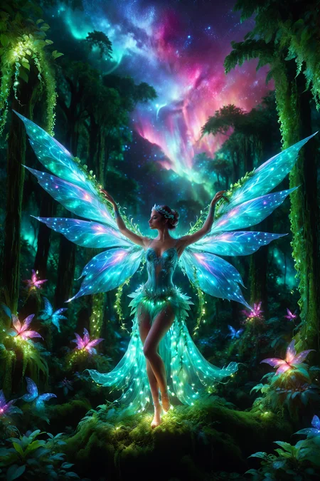 fairy dancer with glowing wings, morph-aurora, rainforest canopy with lush vines, detailed background, best quality, vibrant colors, realistic style, high detail, hyper-realistic, highres, 4K resolution, realistic photo, masterpiece, ultra-detailed, cosmic shine, teals and magentas, ethereal glow, medium shot, <lora:add-detail-xl:1> <lora:aurora_0_100_V1-000009:0.65>