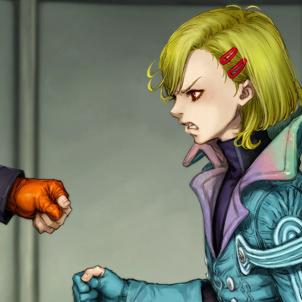 best quality, masterpiece, netsu, blonde hair, short hair, hair ornament, hairclip, jacket,turtleneck, gloves, angry, 1girl use hand punch 1man
