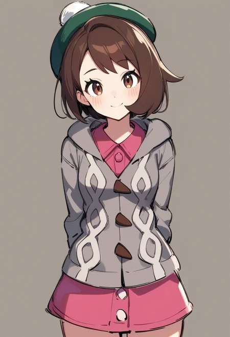 masterpiece,best quality,very aesthetic,absurdres,<lora:gloria_(pokemon):0.8>,commentary_request, green_hat, tam_o'_shanter, 1girl, protected_link, buttons, cable_knit, head_tilt, collared_dress, blush, closed_mouth, smile, grey_cardigan, gloria_\(pokemon\), hooded_cardigan, solo, eyelashes, pink_dress, sketch, arms_behind_back