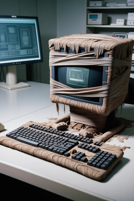photo of a mummified computer on a desk in a laboratory, masterpiece, retro <lora:mummified_sdxl:0.8>