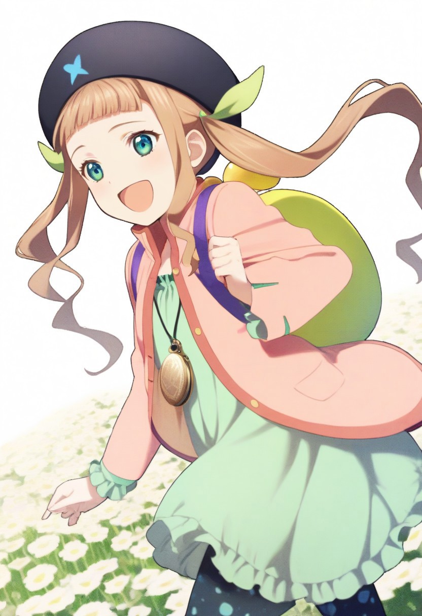 1girl, solo,elle mel marta, twintails, green eyes, light brown hair, long hair, blunt bangs, purple straps, backpack, black hat, [[black lanyard]], pocketwatch,green hairtie, pink coat, green dress, green shoes, dark blue [[spotted]] leggings, standing, flower field, open mouth, laughing