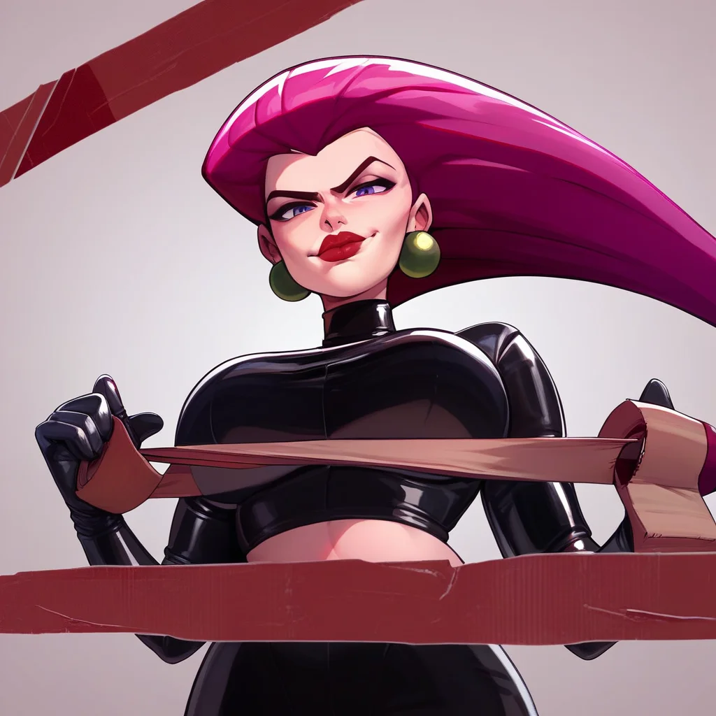 score_up_9, score_up_8, score_up_7, best quality, Tape Border, red Tape, holding tape, unraveling tape, 1girl, jessie pokemon, latex clothing, large breasts, closed mouth, full lips, glossy lips, from below, looking at viewer, smirk, upper body,