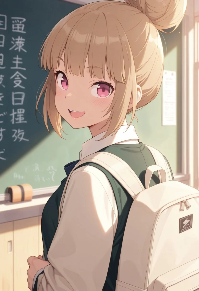 masterpiece,best quality,amazing quality, umenoki mitsuko, light brown hair, single hair bun, pink eyes, 1girl, solo, backpack, hair bun, bag, looking at viewer, smile, open mouth, indoors, classroom, upper body, looking back, chalkboard, school uniform