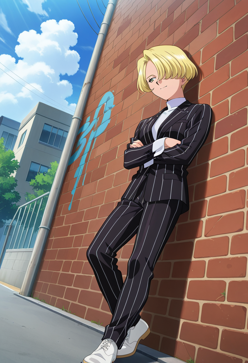 light smile, looking sideways, crossed arms, leaning on wall, brick wall,  graffiti on wall,
full body, dynamic angle,
BREAK,
<lora:tachibanamaria_illustriousXL_v01:0.9>
mariadef, blonde hair, hair over eye, short hair, 
suit, turtleneck, white turtle neck, stripped suit, black suit,  pinstripe suit, 
white footwear,, source_anime, very aesthetic, anime coloring, masterpiece, 
best quality, amazing quality, ultra detailed, very aesthetic, 
detailed background, 
BREAK,, street, trees, clouds, day,