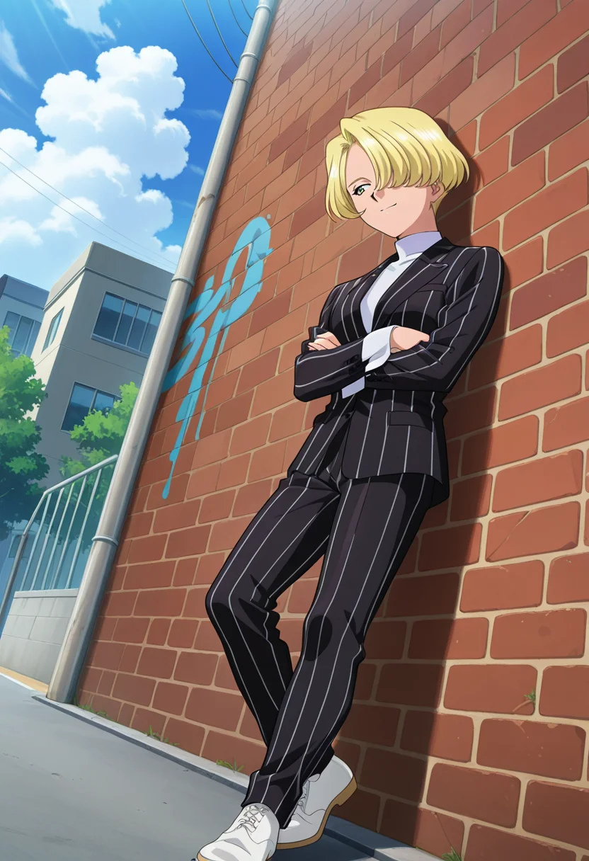 light smile, looking sideways, crossed arms, leaning on wall, brick wall, graffiti on wall,
full body, dynamic angle,
BREAK,
<lora:tachibanamaria_illustriousXL_v01:0.9>
mariadef, blonde hair, hair over eye, short hair,
suit, turtleneck, white turtle neck, stripped suit, black suit, pinstripe suit,
white footwear,, source_anime, very aesthetic, anime coloring, masterpiece,
best quality, amazing quality, ultra detailed, very aesthetic,
detailed background,
BREAK,, street, trees, clouds, day,