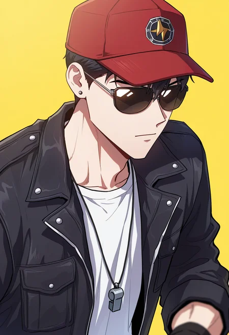 masterpiece, best quality, amazing quality,high resolution, intricate details,official style,depth of field,anime coloring , , , 1boy, solo, male focus,  <lora:han_yoojin:0.88>,han yoojin,black hair,short hair,stud earring,red headwear,sunglasses,baseball cap,parody,white shirt,black jacket,fingerless gloves,black gloves,whistle,yellow background