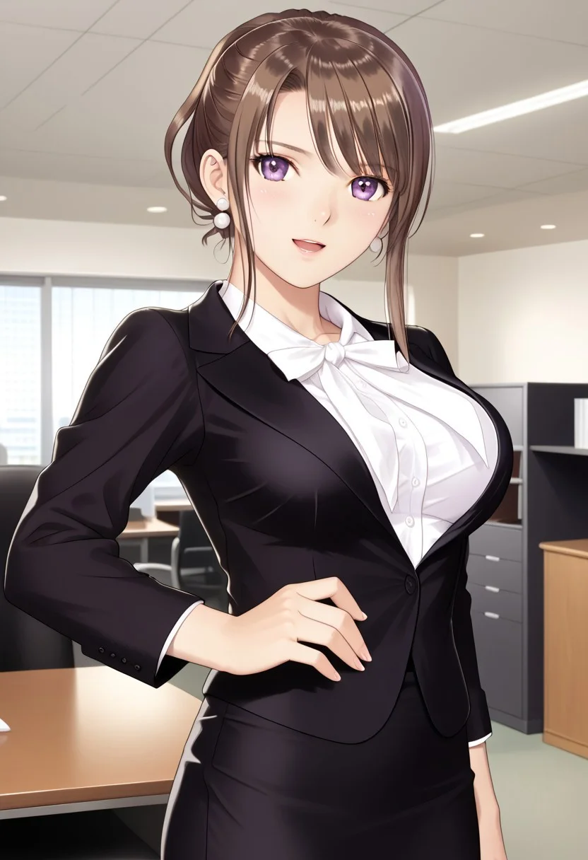 in office room, office interior, (photorealistic, beautiful girl, sexy girl, Japanese girl) (matsumiya_kiriko, pantyhose, skirt, solo, brown hair, purple eyes, fitted skirt, formal, suit, black skirt, shirt, jacket, white shirt, office lady, outfit1 earrings, pearl earrings,)  1girl, best quality, cowboy shot, seductive smile, large breast,  Overall Detail, (slim, standing, open mouth, looking at viewer, young-adult contrapposto) realistic hands, white stocking, negative hand, handfixer, tony taka, alone, 1 girls