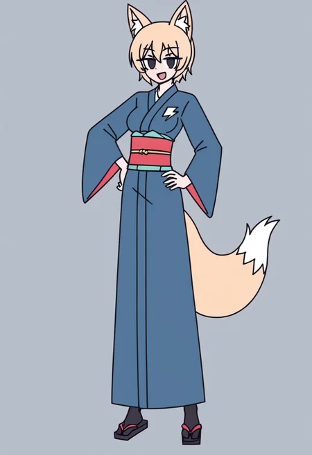 fine details, very detailed, high resolution,
1girl, solo, fox_girl, blond hair, short hair, electrified hair, gloomy black eyes, detailed eyes, fox ears, black eyes, Japanese kimono, slim body, medium breasts, frisky smile, (electrical flashes in hair, blue electrical flashes, blue lightning), (two fox tails, fluffy tails), fluffy ears, body hair, hand on hip, smile, open mouth
simple background, full body