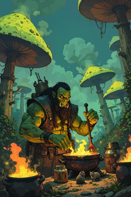 In a sprawling field of giant, glowing mushrooms, an orc with emerald green skin and a long, braided beard is engrossed in the meticulous process of brewing magical teas. His massive hands handle the delicate leaves with surprising care, crushing them with a mortar and pestle carved from a single piece of enchanted wood. Around him, bubbling cauldrons emit fragrant steam, each one glowing with a different color that corresponds to its unique magical effect. The orcâs tusks gleam faintly in the soft light of the mushrooms, and his deep, gravelly voice hums a tune as he stirs the contents of a cauldron with a long, wooden spoon. The air is thick with the scents of herbs, flowers, and spices, mingling into an intoxicating aroma that seems to soothe the very soul. Finished tea leaves are carefully packed into tiny, rune-inscribed jars that glimmer softly in the dim light. Nearby, a group of curious woodland creatures watches him work, drawn by the comforting energy that radiates from his craft. The scene is one of quiet industry, where the orcâs rough exterior belies the gentle, healing power of his work. , detailed background Fantastic lighting. Detailed shadows.intricate details, vivid colors, hyper-detailed, ultra-sharp, High resolution, high detail. Highly detailed. , ,in the style of cksc,anime, cyberpunk, DB4RZ, DB4RZ style painting <lora:CPA:0.5><lora:FLUX-daubrez-DB4RZ:0.3><lora:Luminous_Shadowscape-000016:0.3><lora:ck-shadow-circuit-000021:0.35>