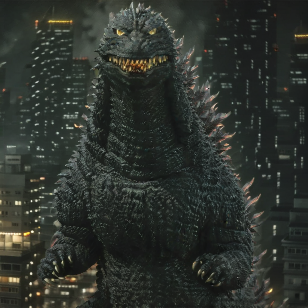 score_9_up,no humans,kaijuu,claws,city,solo,sharp teeth,open mouth,yellow eyes,looking at viewer, gigantic monster,monster,realistic,tail,spikes,fangs,from above,lateral pose,city,night,burning city, japanese city,