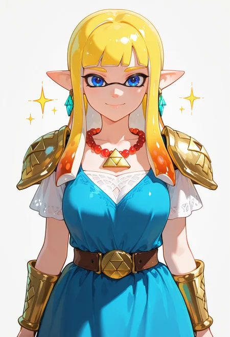 masterpiece, best quality,absurdres, ultra-detailed, high resolution,
inkling, 1girl, jewelry, pointy ears, solo, cosplay, smile, long hair, blonde hair, necklace, blue eyes, triforce, dress, earrings, looking at viewer, sparkle, bangs, short sleeves, shoulder armor, gem, closed mouth, bracer, bead necklace, belt, armor