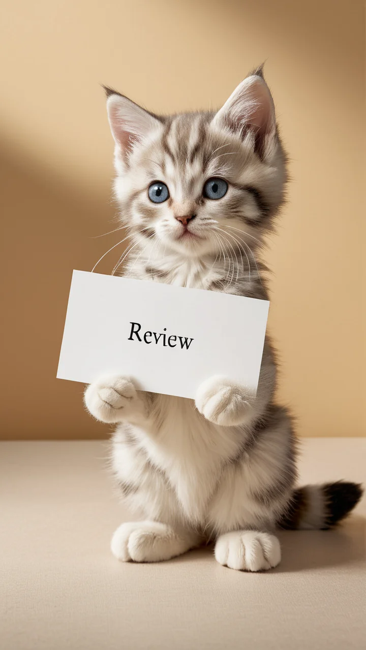 (incredibly ultra lifelike, perfect professional precise, masterpiece, best quality intricately detailed, extremely beautiful, light and shadow, amazing photo:1.1),
An endearing anthropomorphic kitten (holds a 'Review' sign:1.2) with charm and natural grace. The kitten's features blend feline innocence with human-like expressions - large, expressive eyes showing intelligence and playfulness, while maintaining realistic cat-like qualities. Their fur is rendered in exquisite detail, each strand visible and flowing naturally, with subtle variations in color and texture. The kitten stands in a characteristic pose that suggests both animal cuteness and human consciousness, dressed in simple, tasteful clothing that enhances their anthropomorphic nature. The 'Review' sign is designed with playful elements that match the kitten's character, featuring clean typography with subtle whimsical decorations. Soft, professional studio lighting creates gentle shadows that accentuate the fur's texture and the kitten's expressive features, while a simple, slightly blurred background in warm, neutral tones ensures focus remains on the subject. Natural pose:1.2, lifelike features:1.2, emotional expression:1.2.