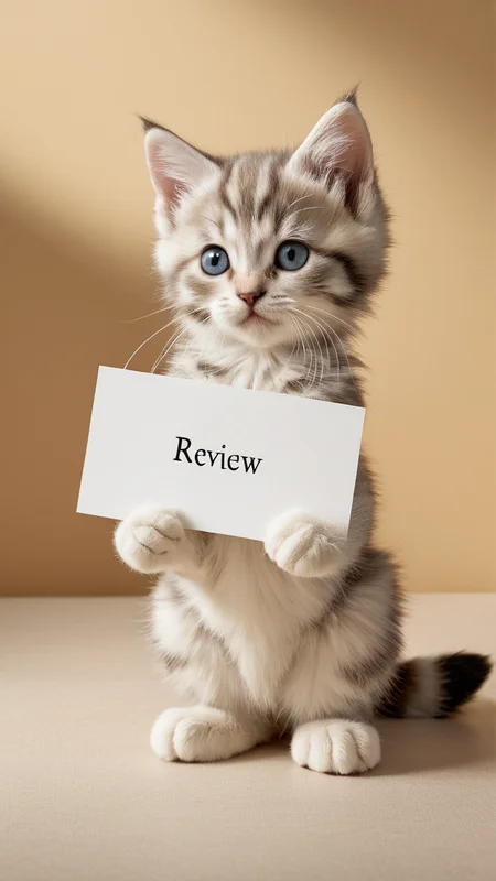 (incredibly ultra lifelike, perfect professional precise, masterpiece, best quality intricately detailed, extremely beautiful, light and shadow, amazing photo:1.1),
An endearing anthropomorphic kitten (holds a 'Review' sign:1.2) with charm and natural grace. The kitten's features blend feline innocence with human-like expressions - large, expressive eyes showing intelligence and playfulness, while maintaining realistic cat-like qualities. Their fur is rendered in exquisite detail, each strand visible and flowing naturally, with subtle variations in color and texture. The kitten stands in a characteristic pose that suggests both animal cuteness and human consciousness, dressed in simple, tasteful clothing that enhances their anthropomorphic nature. The 'Review' sign is designed with playful elements that match the kitten's character, featuring clean typography with subtle whimsical decorations. Soft, professional studio lighting creates gentle shadows that accentuate the fur's texture and the kitten's expressive features, while a simple, slightly blurred background in warm, neutral tones ensures focus remains on the subject. Natural pose:1.2, lifelike features:1.2, emotional expression:1.2.