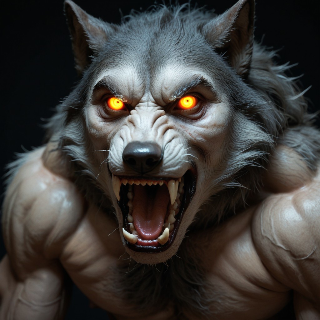 horror movie, still ,werewolf ,photo ,score_9_up ,score_8_up, score_7_up, action scene ,movie still ,no humans ,open mouth teeth, wolf looking at viewer realistic glowing solo glowing eyes black background horror (theme) animal focus animal sharp teeth white eyes fangs realistic nsfw muscular male muscular penis large pectorals male focus abs nipples pectorals bara best quality masterpiece 4k uncensored prefect lighting rating_explicit horror very aesthetic