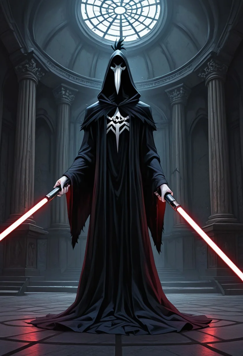 Masterpiece, best quality, highly detailed, absurdres, 1boy, (solo:1.2), cartoon, ch1ken, chicken, long beak, Black Sith lord robe, Hood, holding lightsaber, thick lightsaber, Sith temple background, detailed background, A3THER,