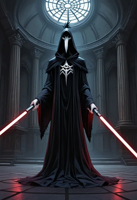 Masterpiece, best quality, highly detailed, absurdres, 1boy, (solo:1.2), cartoon, ch1ken, chicken, long beak, Black Sith lord robe, Hood, holding lightsaber, thick lightsaber, Sith temple background, detailed background, A3THER,