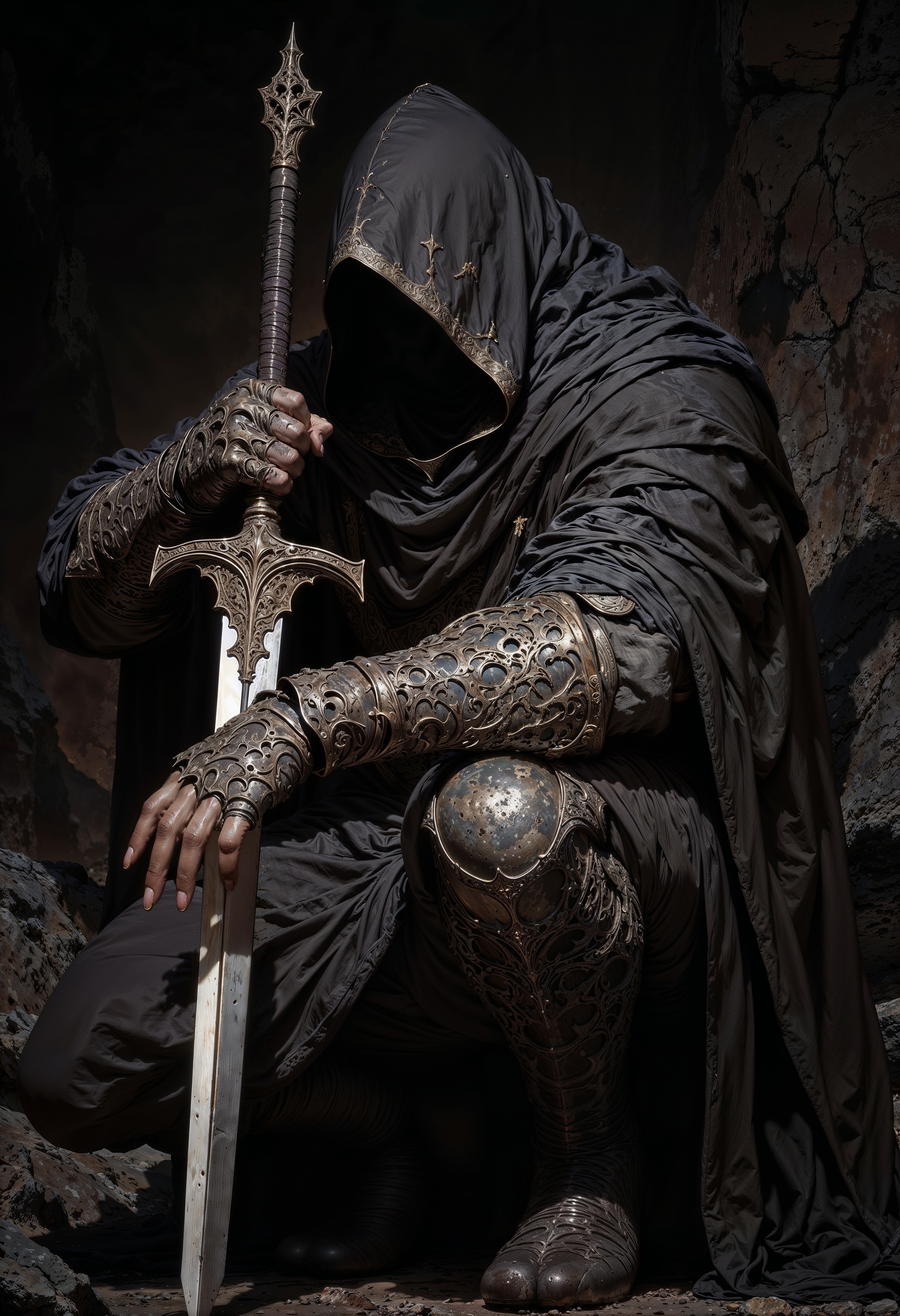 a highly detailed digital painting depicting a hooded figure, likely inspired by a ninja or assassin. The character is crouched in a menacing pose, with a large sword held in their right hand, which is covered by a dark, intricate gauntlet. The figure's face is obscured by a black hood, making it difficult to discern any facial features. The skin is pale and appears to be smooth and unblemished.
The character is dressed in dark, flowing robes that blend into the shadows, with textures suggesting a heavy, possibly leather-like material. The hood casts a dramatic shadow over the figure’s face, adding to the mysterious and intimidating aura. The left hand is extended towards the viewer, with fingers splayed, showing the sharp, claw-like nails. <lora:FluxMythV2:0.6> <lora:ck-painterly-fantasy:0.6> <lora:flux.1_lora_flyway_Epic-detail_v2:0.5> <lora:RetroAnimeFluxV1:0.7>