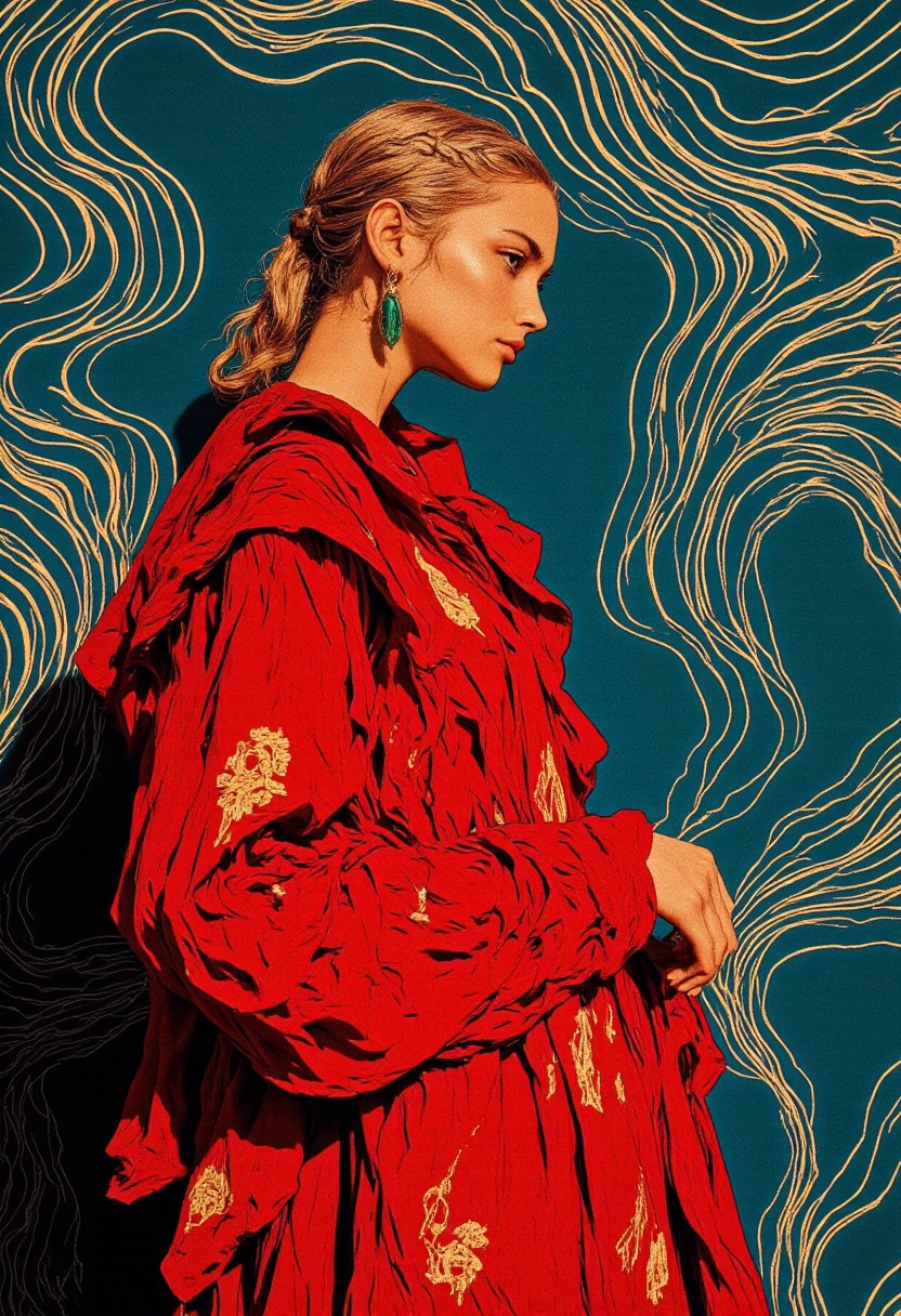 (vibrant digital artwork:1.3) (inspired by ((Henri Matisse:1.3) (bold color contrasts:1.3)) and ((Alexander McQueen:1.3) (intricate textile designs:1.3)))) A profile view of a person with a warm, golden complexion, set against a deep teal background. They wear a crimson red high-fashion ensemble, crafted from lustrous silk and brocade, with dramatic layered ruffles cascading over the shoulders and arms, forming a sculptural, fluid silhouette. Intricate gold-tinged patterns, resembling celestial motifs, weave across the fabric, adding movement and depth. The glossy texture catches the light, enhancing its luxurious quality.
The background features a Bridget Riley-inspired optical illusion, with undulating navy and white wavy lines creating a ripple effect, subtly blending into the deep teal backdrop while framing the subject in a surreal visual flow. This illusion enhances depth and motion, drawing focus to the central figure.
Their hair is styled in a sleek, braided crown, with soft tendrils framing their face, exuding elegance. They wear elongated emerald-green earrings, glimmering against the bold palette, adding a touch of opulence. HD, 8K quality, ultra-detailed, modern high-fashion masterpiece, flawless composition.