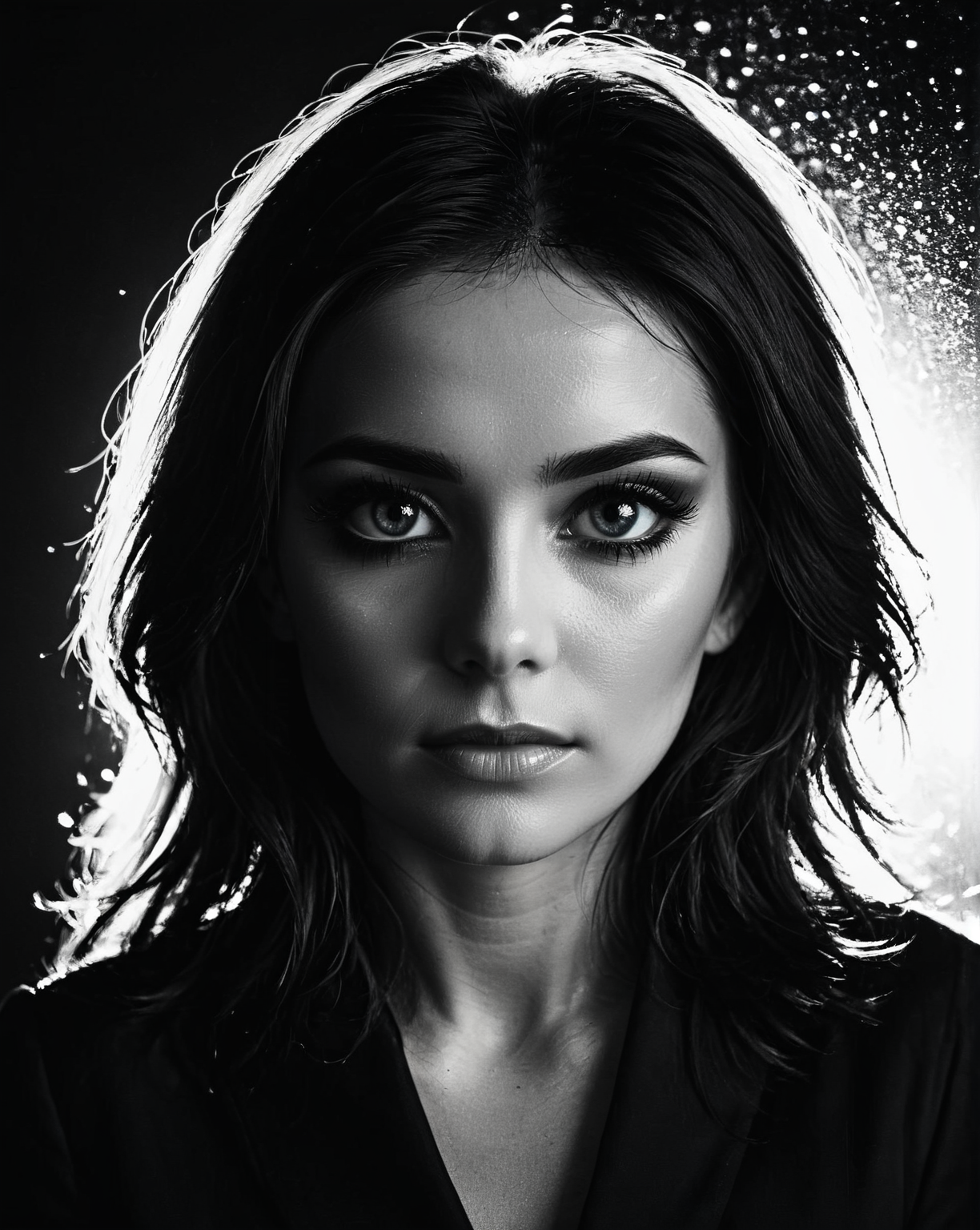 Silhouette style woman,  low light, dramatic lighting, darkness, window lighting, eye lighting, water, black background,   <lora:S4ndr4_nm_4:0.75> S4ndr4 . High contrast, minimalistic, black and white, stark, dramatic
