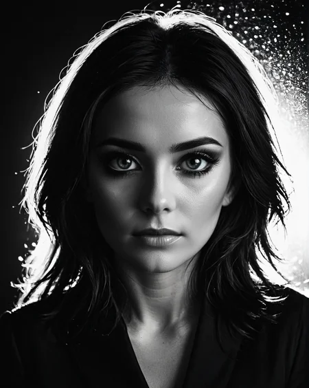 Silhouette style woman, low light, dramatic lighting, darkness, window lighting, eye lighting, water, black background, <lora:S4ndr4_nm_4:0.75> S4ndr4 . High contrast, minimalistic, black and white, stark, dramatic