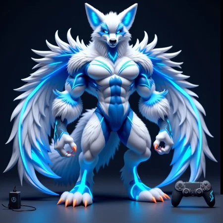 wolf male character inspired by the PlayStation 5, displaying a futuristic and muscular design. This character has a vibrant white and blue skin tone, reminiscent of the console's colors. His build is robust and athletic, highlighting well-defined muscles. The body is adorned with elements that resemble the PS5's design, such as blue lines that glow, suggesting an advanced technology interface. On his head, he wears a mask that echoes the console's design, and his tail has elegant details that complement the technological theme. The scene includes PS5 accessories, such as a wireless controller and the console itself, which reinforce the character's visual identity as a gamer warrior,