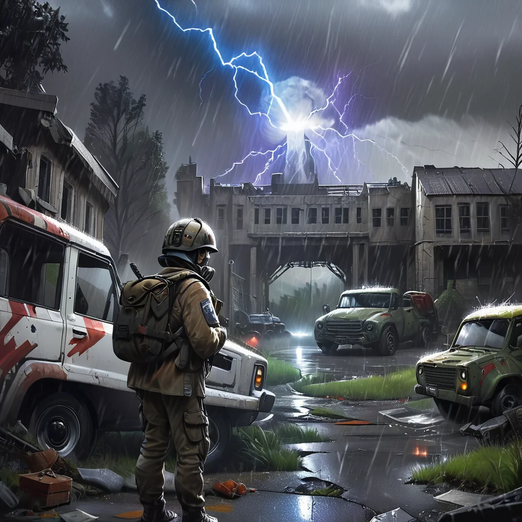 score_9, score_8_up, score_7_up, score_6_up, score_5_up, score_4_up,
StalkerWorld,anomaly,, ground vehicle, motor vehicle, 1boy, military, backpack, tree, outdoors, gun, rain, weapon, bag, military vehicle, car, ruins, tank, male focus, lightning, helmet, building, <lora:stalker_pony:0.6>