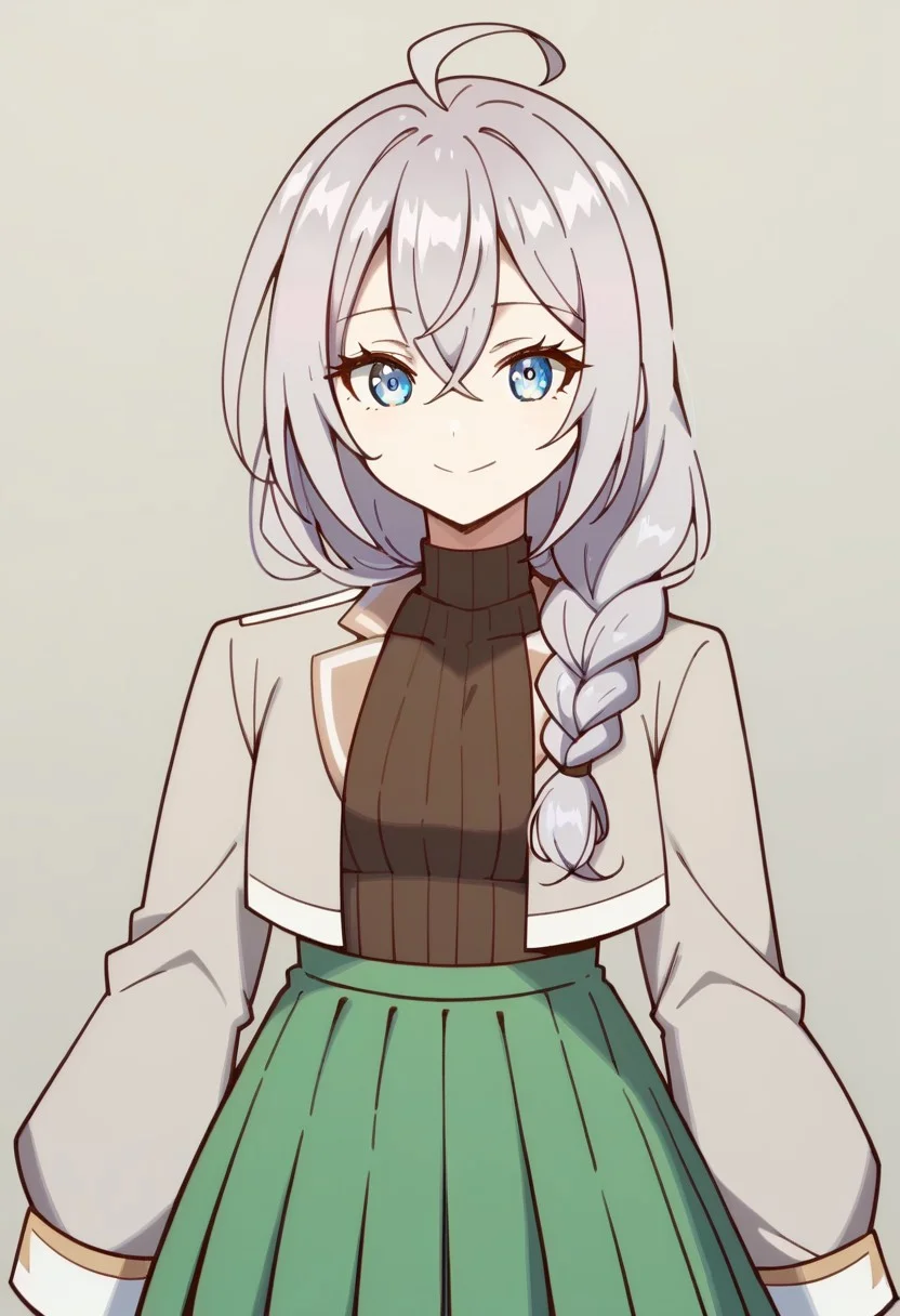 score_9, score_8_up, score_7_up,1girl, solo, Tokialya, long hair, blue eyes, grey hair, hair between eyes, bangs, ahoge,
hair over shoulder, single braid, green jacket, brown shirt, long sleeves, green skirt, long skirt, pleated skirt,
looking at viewer, standing, smiling, character design, OC, cowboy shot