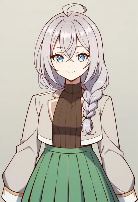 score_9, score_8_up, score_7_up,1girl, solo, Tokialya, long hair, blue eyes, grey hair, hair between eyes, bangs, ahoge, 
hair over shoulder, single braid, green jacket, brown shirt, long sleeves, green skirt, long skirt, pleated skirt, 
 looking at viewer, standing, smiling, character design, OC, cowboy shot