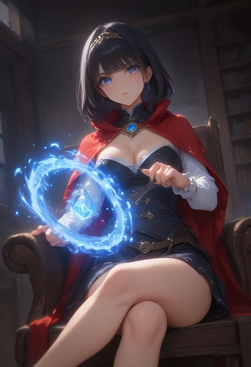 score_9_up, score_8_up, score_7_up, anime, 1girl raven black hair, purple eyes, white streaks of hair, wearing tight red and black, red cloak, black skirt, black sleaves, cleavage, black and gold patterned corset, gold jewel encrusted tiara, holding up her hand to cast a blue spell bind of blue fire, in a medieval library, moody lighting, portrait, sitting in a comfy reading chair, night time, dark lighting, legs crossed, medium side angle, looking at viewer