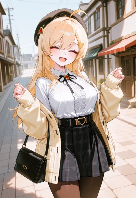 masterpiece, best quality, amazing quality, 1girl, [healthyman, mameojitan, wanke], [ciloranko], SLM, blonde hair, long hair, ahoge, red eyes, swept bangs, yellow triangle hair ornament, white collared shirt, black beret, black neck ribbon, center frills, shirt tucked in, yellow cardigan, open cardigan, shoulder bag, black handbag, heart belt, black skirt, plaid skirt, brown pantyhose, caststation illu, street, day, ^ ^, closed eyes, happy, smile, :D, medium breasts, from front, jacket partially removed, w arms