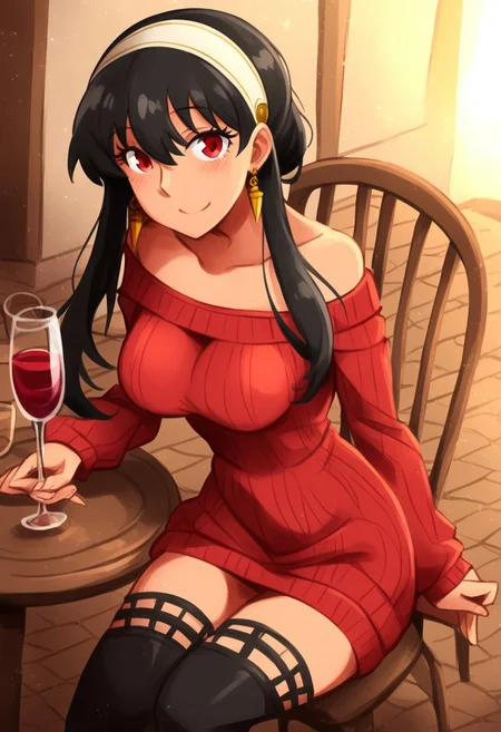khyle., yor briar, spy x family, 1girl, arm support, black hair, black thighhighs, breasts, collarbone, cup, dress, drinking glass, earrings, from above, hair between eyes, hairband, holding, holding cup, indoors, jewelry, long hair, long sleeves, looking at viewer, off-shoulder sweater, off shoulder, on chair, red dress, red eyes, sitting, smile, solo, sunlight, sweater, sweater dress, table, thighhighs, white hairband, wine glass, zPDXL3