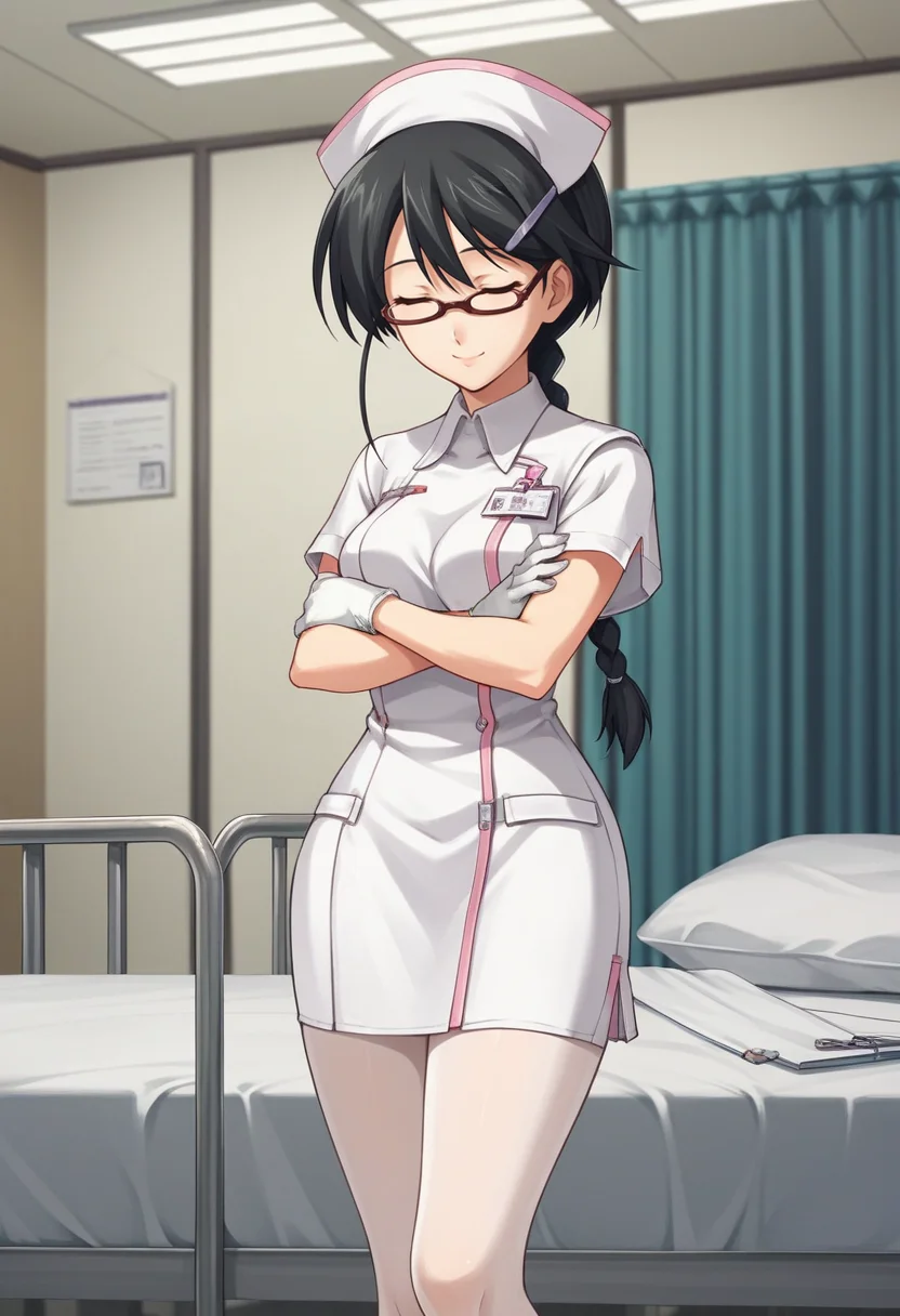 score_9, score_8_up, score_7_up, source_anime BREAK 1girl, solo, <lora:hazukishino-ch-richy-v1_pdxl:0.8> hazukishino, black hair, hairclip braid, glasses, nurse, nurse cap, nametag, standing, dark, darkness, hospital bed, indoors, smile, white pantyhose, white gloves, wide hips, closed eyes, crossed arms
