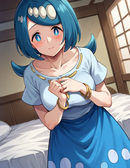 score_9, score_8_up, score_7_up, source_anime,
pokemonmotherlana, <lora:pokemon-mother-lana-ponyxl-lora-nochekaiser:1>
pokemonmotherlana, blue eyes, blue hair, freckles, hair ornament, long hair, swept bangs, bright pupils,
blouse, blue skirt, bracelet, collarbone, dress, jewelry, long skirt, shirt, short sleeves, skirt, white shirt,
indoors, bed, bed room, on side, blush, drunk,
looking at viewer, cowboy shot, dutch angle,