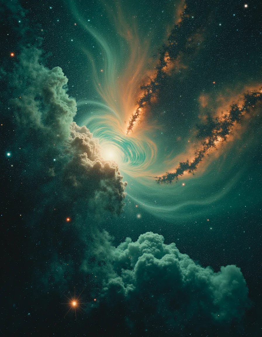 touch of verdigris style photograph, a sweeping macrocosm view where multiple galaxies are colliding, creating a mesmerizing tapestry of star formation and cosmic dust, awe-inspiring style
