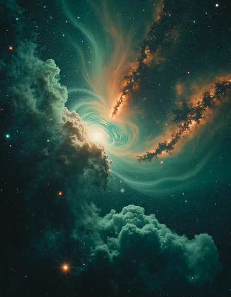 touch of verdigris style photograph, a sweeping macrocosm view where multiple galaxies are colliding, creating a mesmerizing tapestry of star formation and cosmic dust, awe-inspiring style