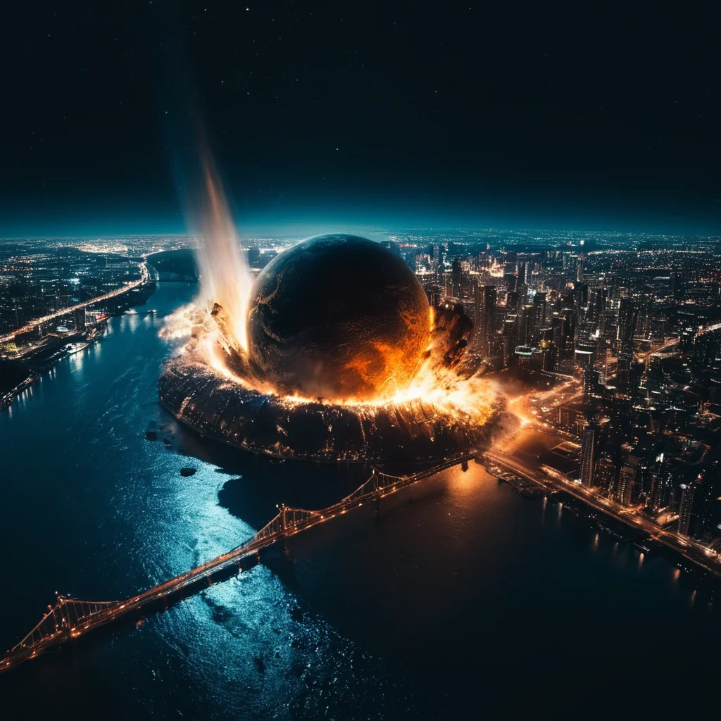 cinematic film still of <lora:collision style:1>
A collision of a view of the earth at night with lights of cities,outdoors,sky,water,no humans,night,ocean,night sky,scenery,city,cityscape,river,landscape,lake,city lights , impact, crash, explosion, destruction, strike, wreck, smash, planet, outer-space, galaxy, cinematic, film, different color, real, collision style, shallow depth of field, vignette, highly detailed, high budget, bokeh, cinemascope, moody, epic, gorgeous, film grain, grainy